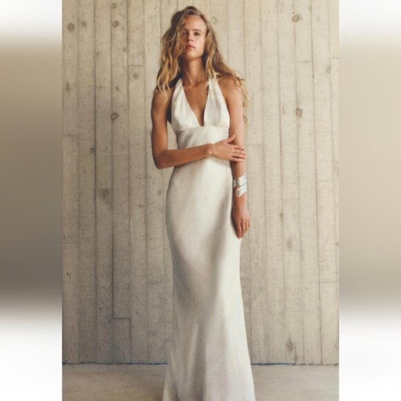 ZARA LONG SATIN EFFECT HALTER DRESS